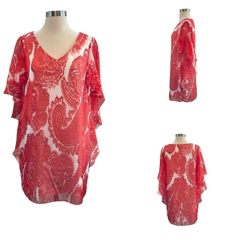 Milly Silk Coral and White Swim Coverup with V-Neck and Flutter Sleeves Size 4